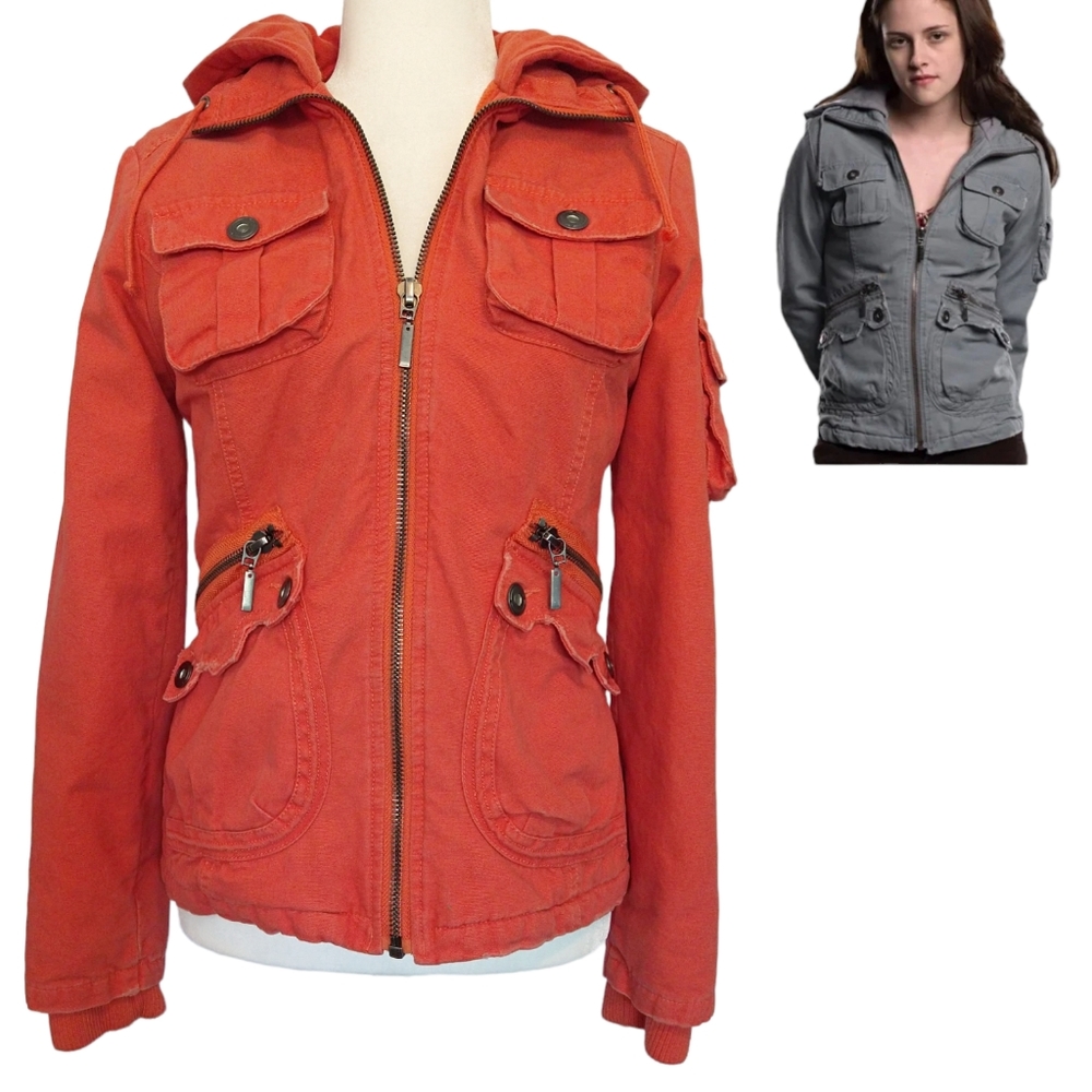 BB Dakota Leigh Orange Hooded Distressed Cargo Utility Zip Jacket Bella Swan